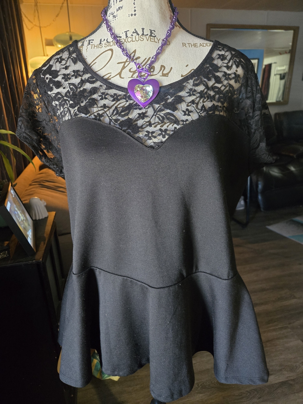 Black Peplum Top With Lace Trim Top And Cap Sleeves. With A Cut Out Back.